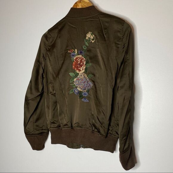 Olivaceous Brown Satin Bomber Jacket Embroidered women's size Small - Picture 2 of 8
